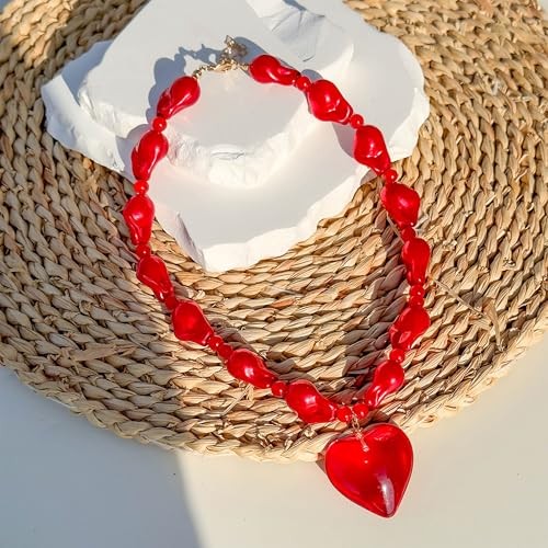 Valentine’s Day Red Heart Necklace for Women Cute Imitation Pearl style C