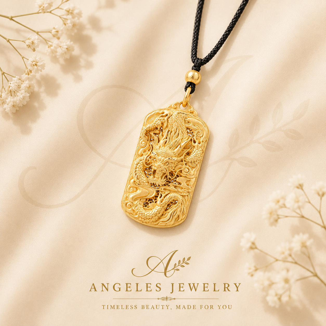 Power Dragon Carved Pendant Necklace Lucky Charm 18K Gold Plated Dainty Gemstone