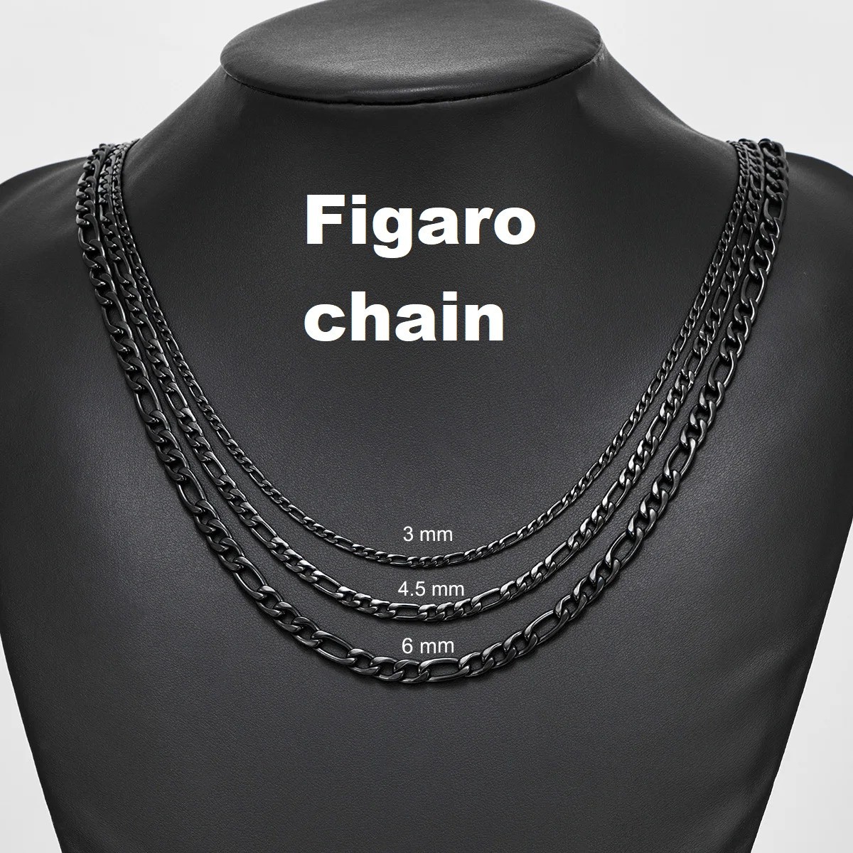 Chain Necklace Wheat stainless steel Black for men&women, 16/ 30 in, 3/4/5/6/7mm