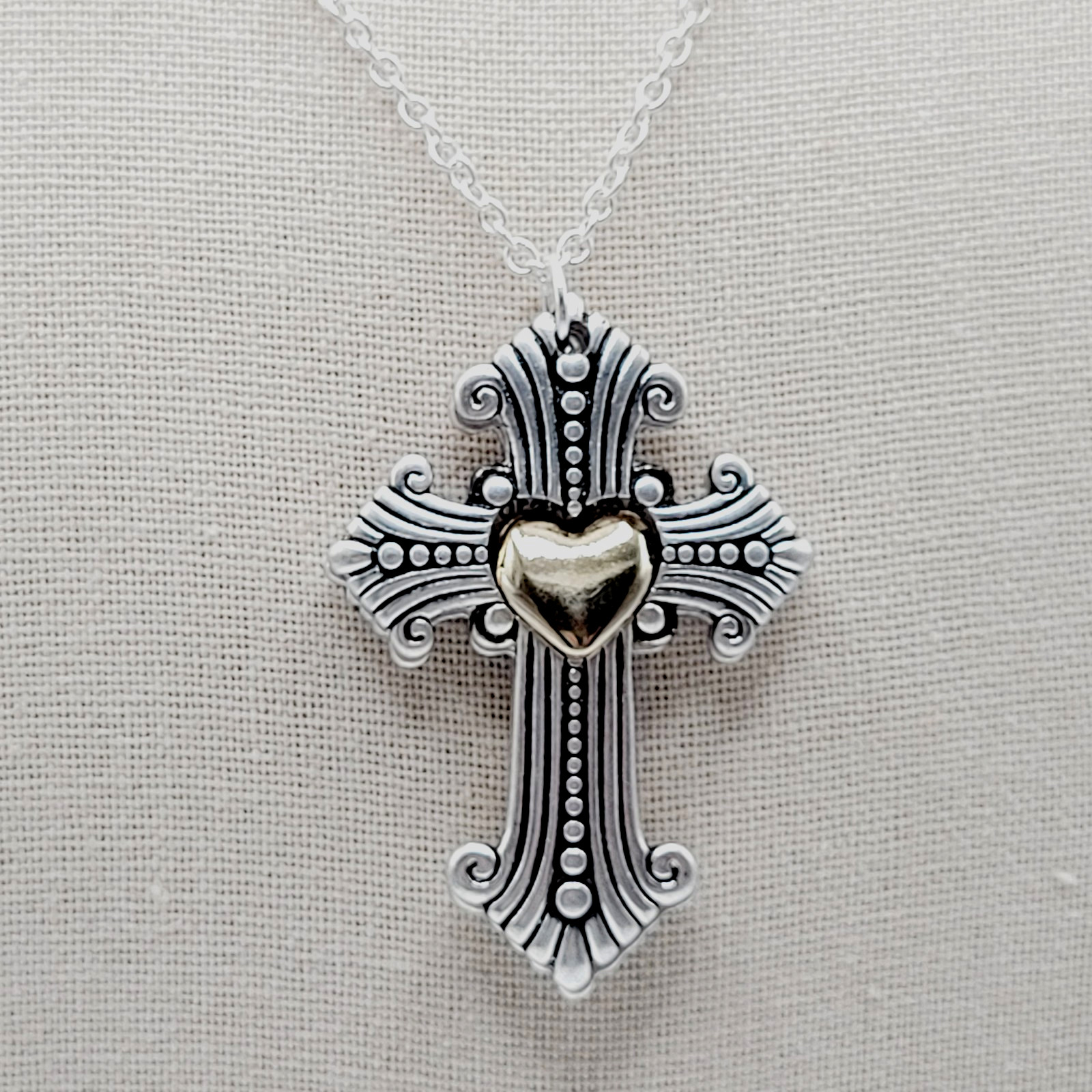 Modern Slide Cross Heart Charm Serenity Prayer Roman Style Silver Tone Necklace