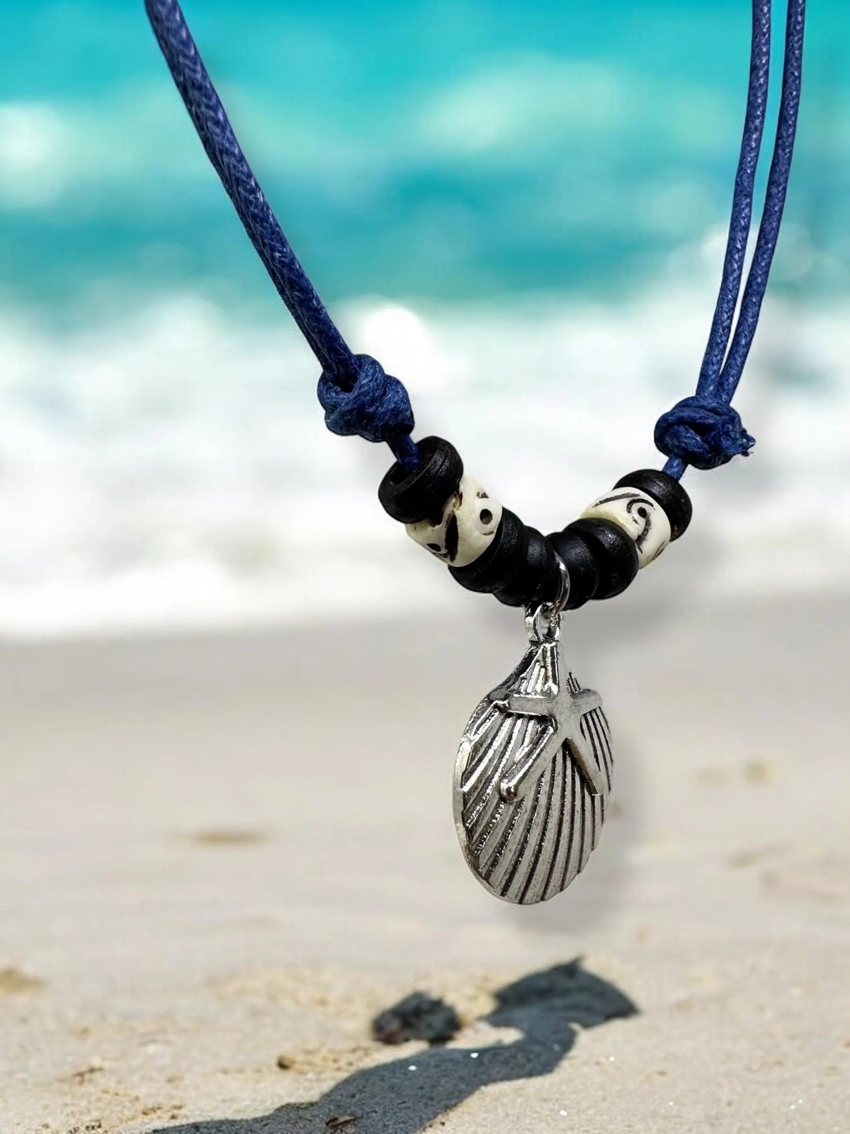 Seashell & Starfish Pendant Necklace | Silver Tone | Navy Blue Cord | Beach