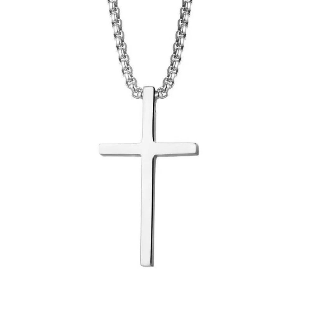 Cross Necklace for Men,Silver Stainless Steel Plain Cross Pendant Necklace