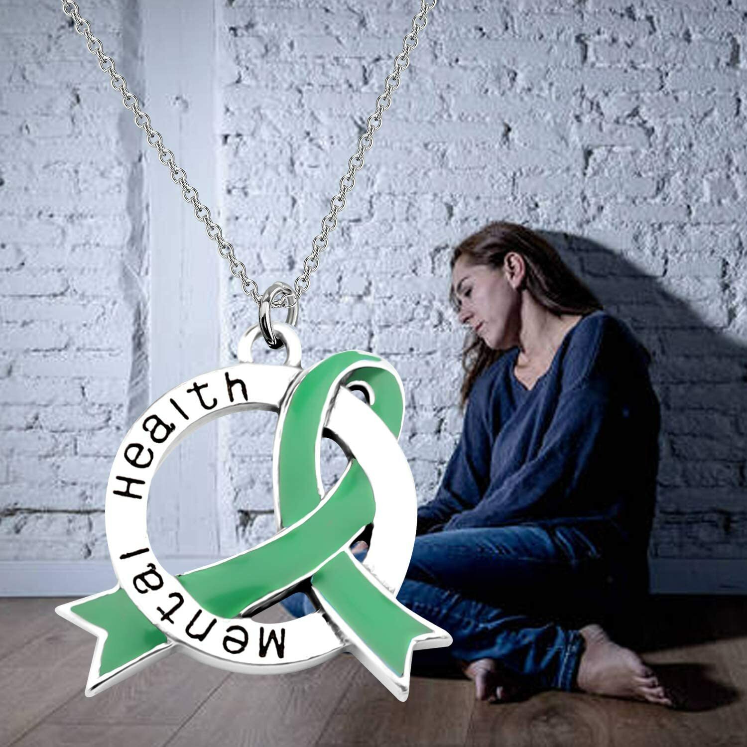 Mental Health Awareness Green Ribbon Necklace Depression Anxiety Warrior Gift