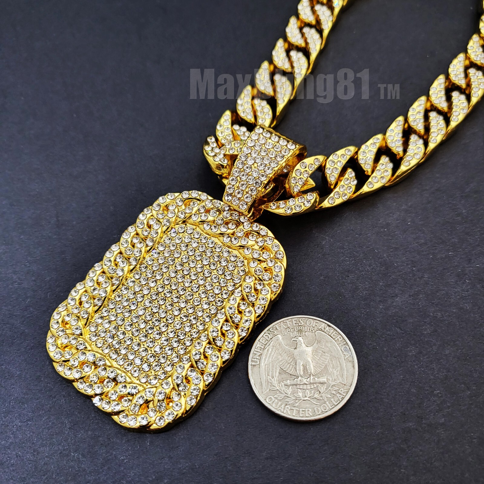 Cubic Zirconia Bling Large Dog Tag pendant 18″ Iced Cuban Choker Chain Necklace