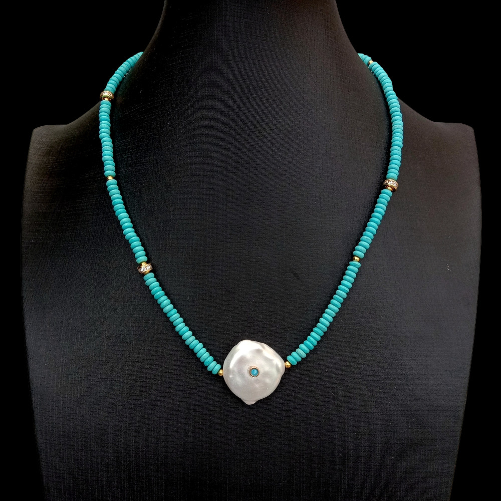5mm Blue Turquoise Cultured White Coin Pearl Necklace Unique Choker Necklace