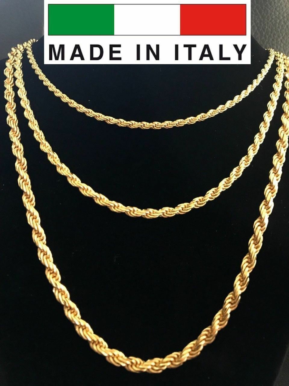 Mens 14K Gold Plated Real Solid 925 Silver Rope Chain MADE IN ITALY 20-30″ 3-5mm