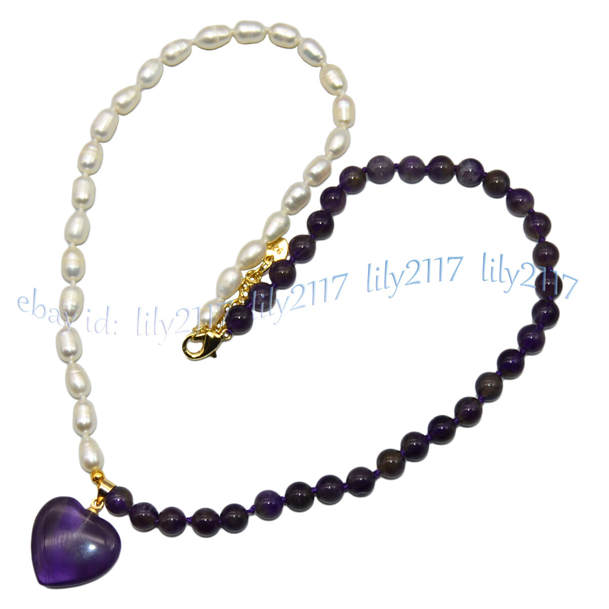 6-7mm White Rice Pearl Natural Purple Amethyst Heart Pendant Necklaces 14-32inch