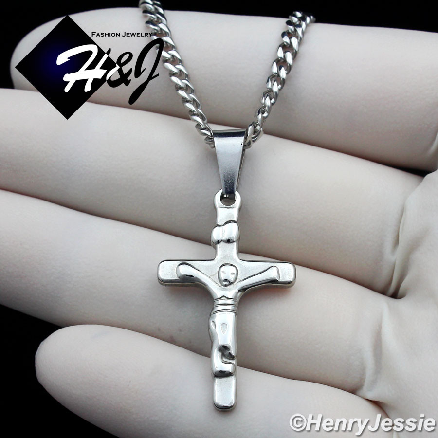 16-32″MEN Stainless Steel 3mm Silver Curb Chain Necklace JESUS Cross Pendant*J12