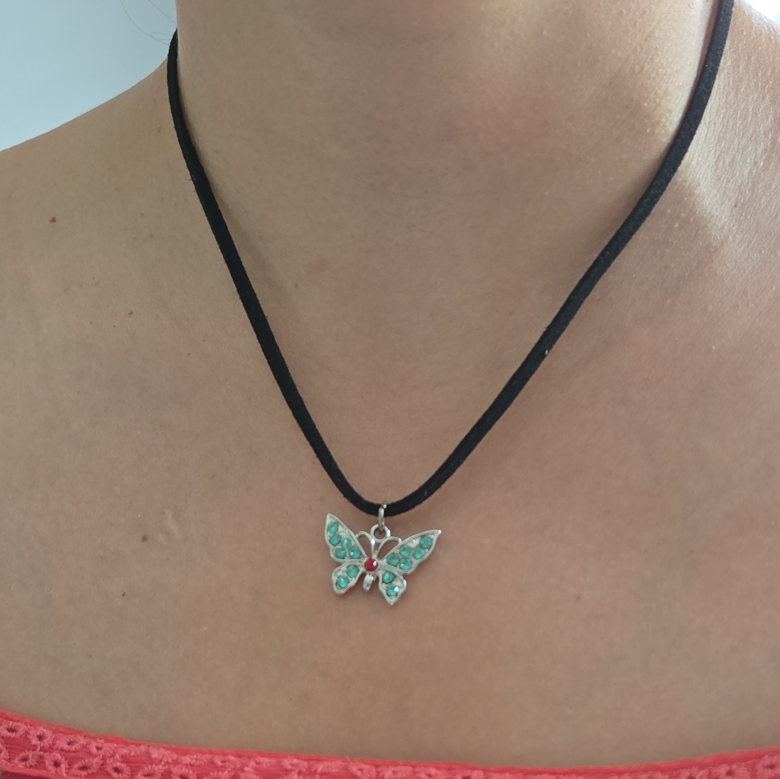 Black Cord Choker Necklace, Silver Tone Enamel Butterfly Charm Pendant