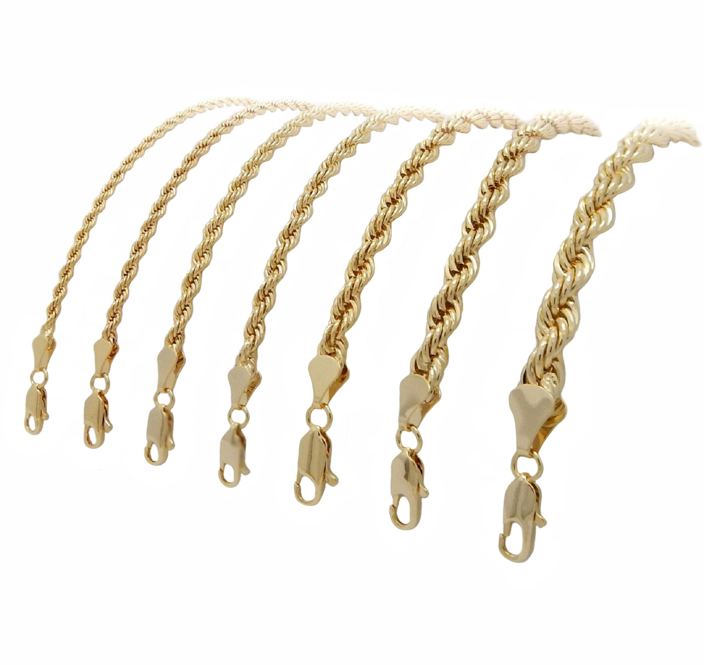 Gold Rope Chain Necklace 2.5mm to 10mm Width 18″ 20″ 22″ 24″ 26″ 30″ 14k Plated
