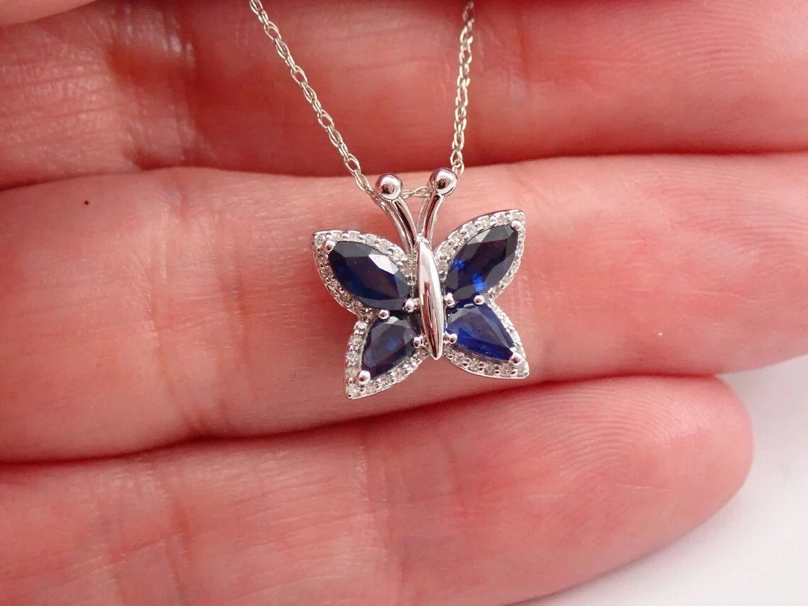 Simulated Sapphire 2Ct Marquise Cut Butterfly Pendant 14K White Gold Plated