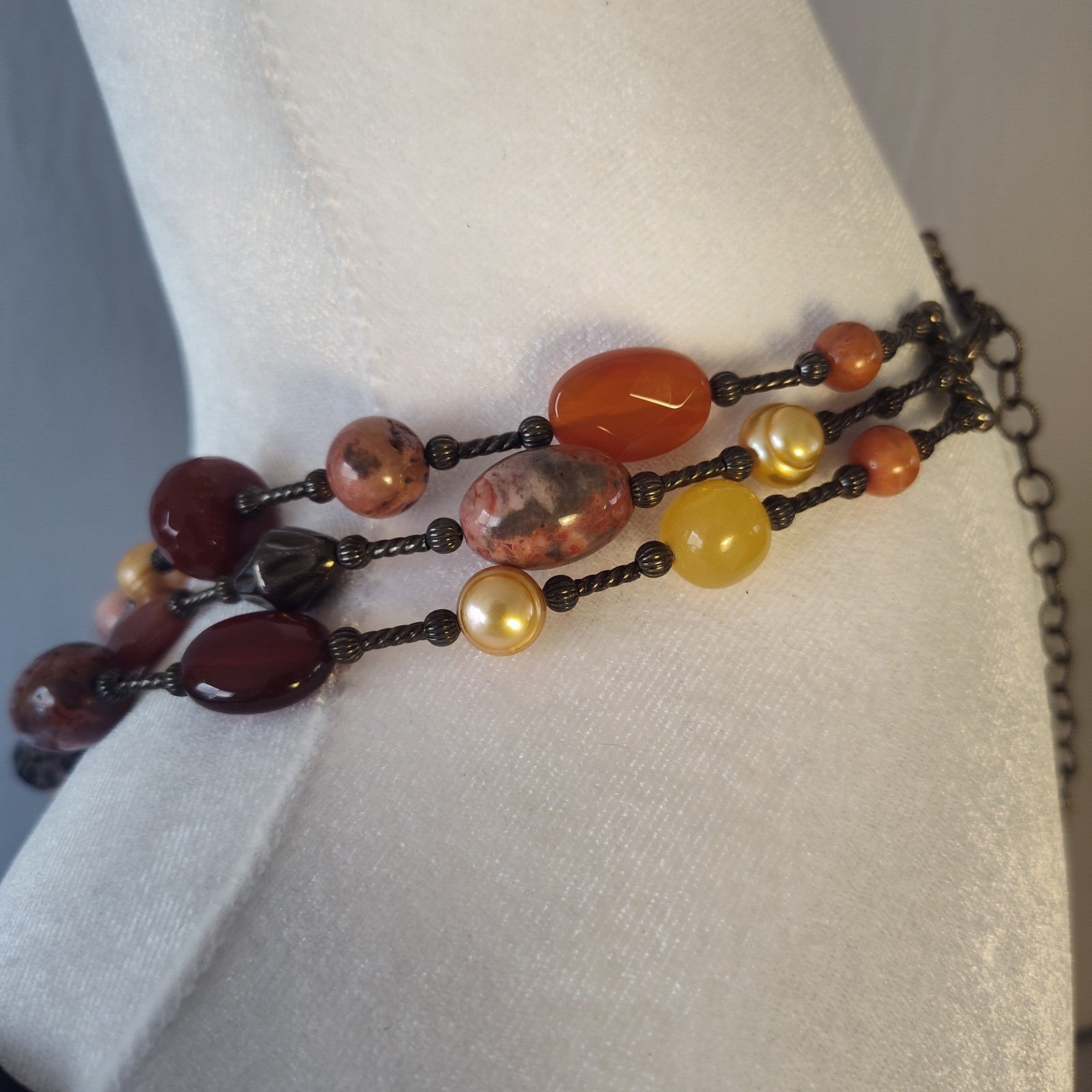 Multi Strand Earth Tone Beaded Necklace Bronze Tone Layered Stone Statement 22in