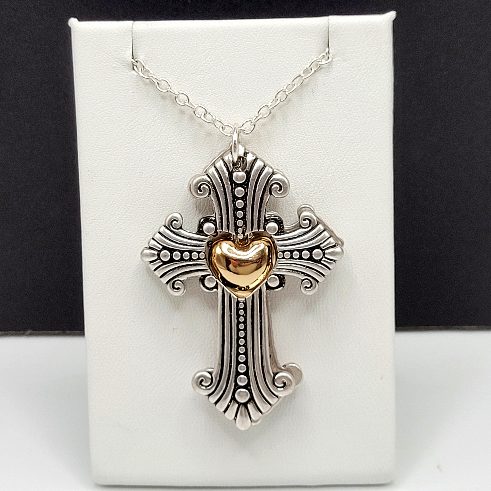 Modern Slide Cross Heart Charm Serenity Prayer Roman Style Silver Tone Necklace