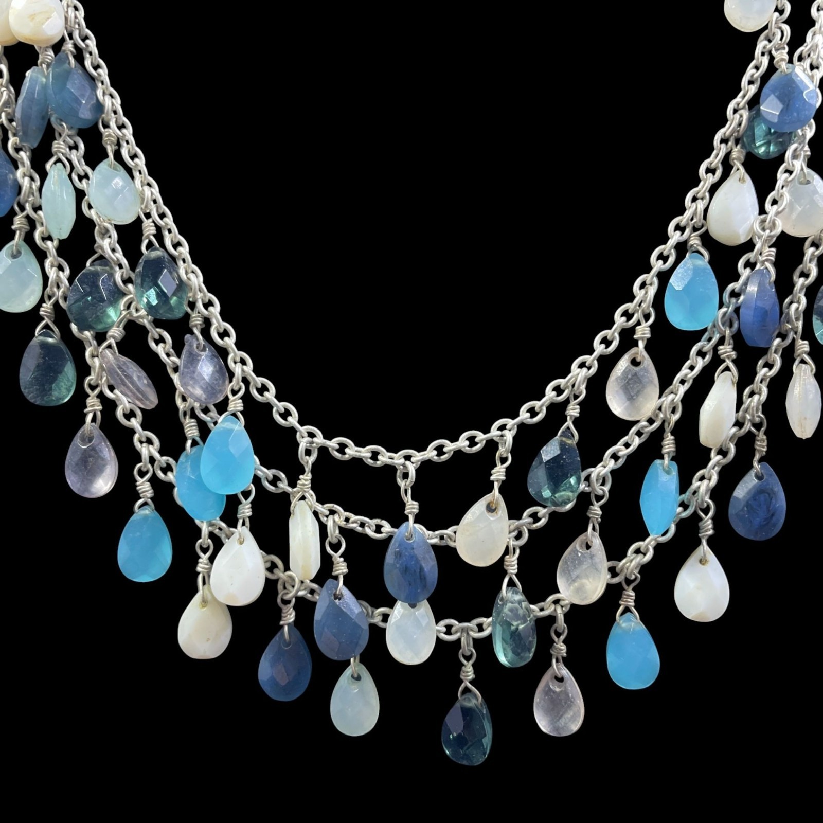 Boho Mermaidcore Layered Gemstone Dangle Necklace Silver Tone Coastal Resort