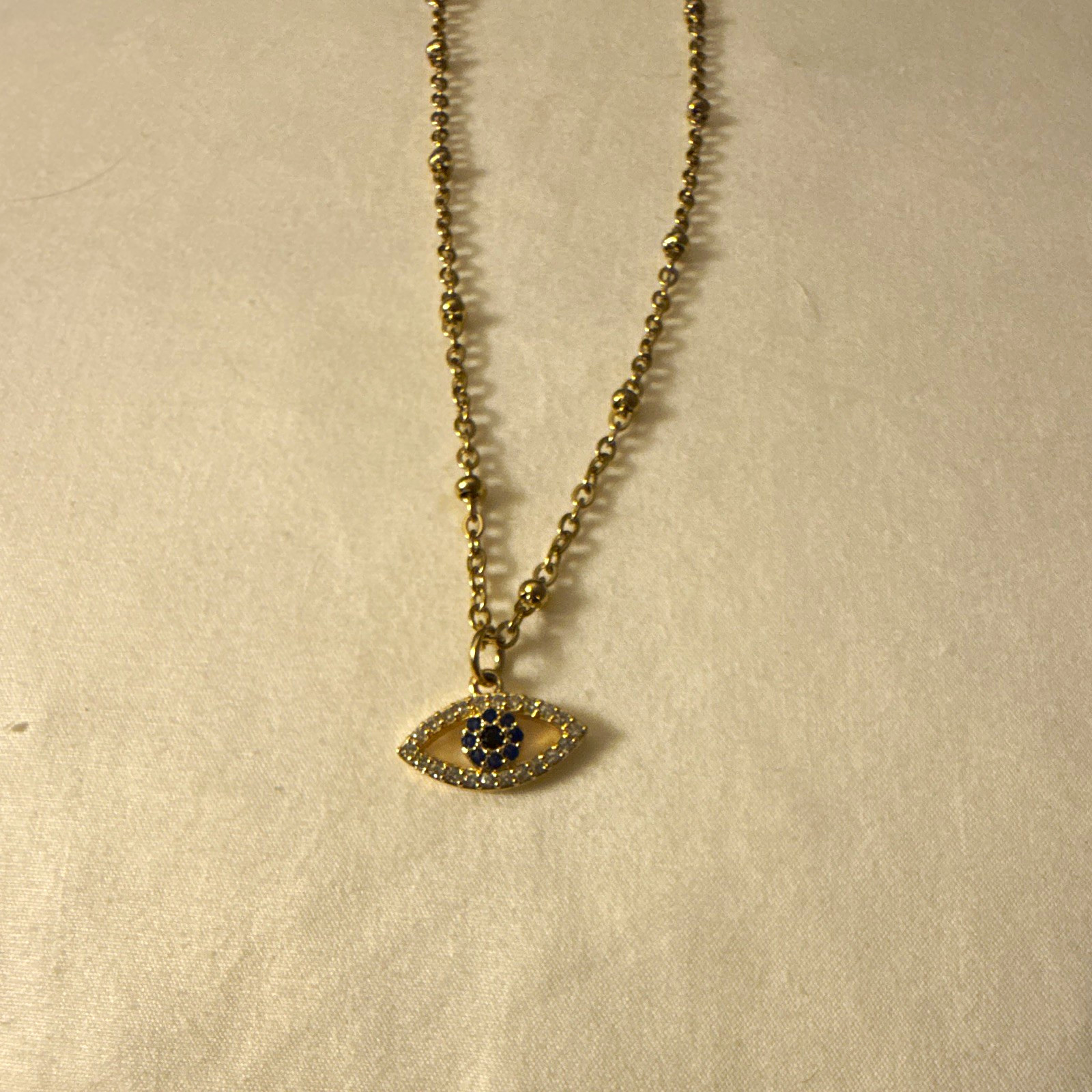 Gold Tone Evil Eye Charm Pendant Ball/Bead Chain Necklace Blue Clear Crystal