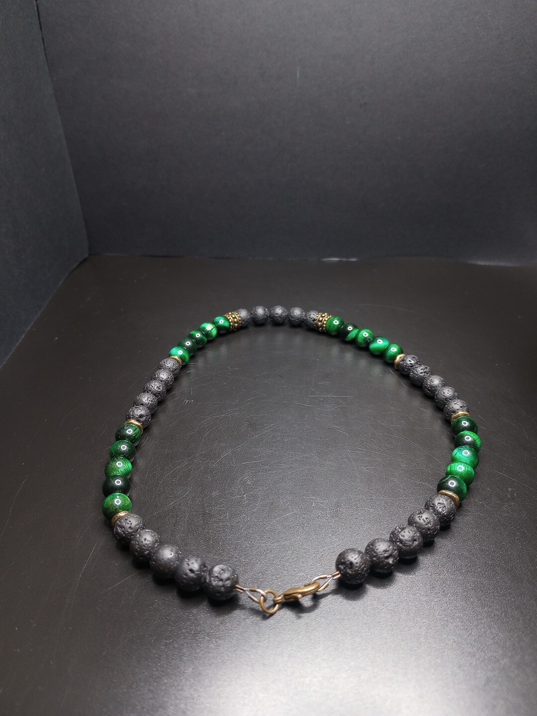 Black Lava Rock and Green Tiger’s Eye Necklace 16″