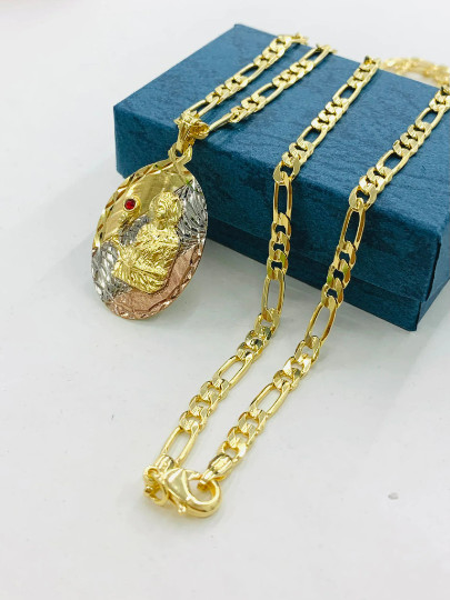 Gold Filled Virgen Maria Pendant/Medallion Necklace Virgin Mary 24″ Figaro Chain