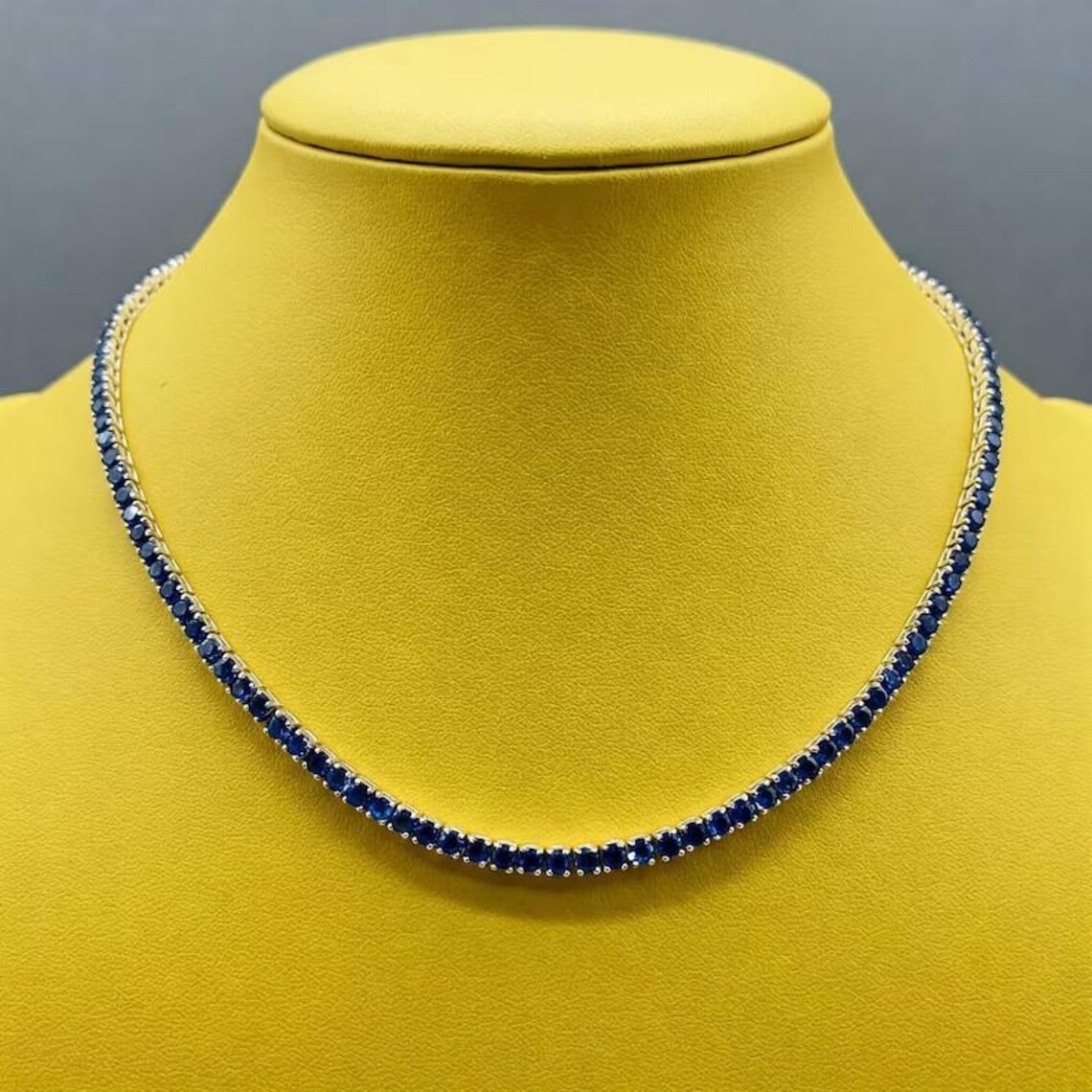 15Ct Round Cut Lab-Created Blue Sapphire Tennis Necklace 14K White Gold Plated 9