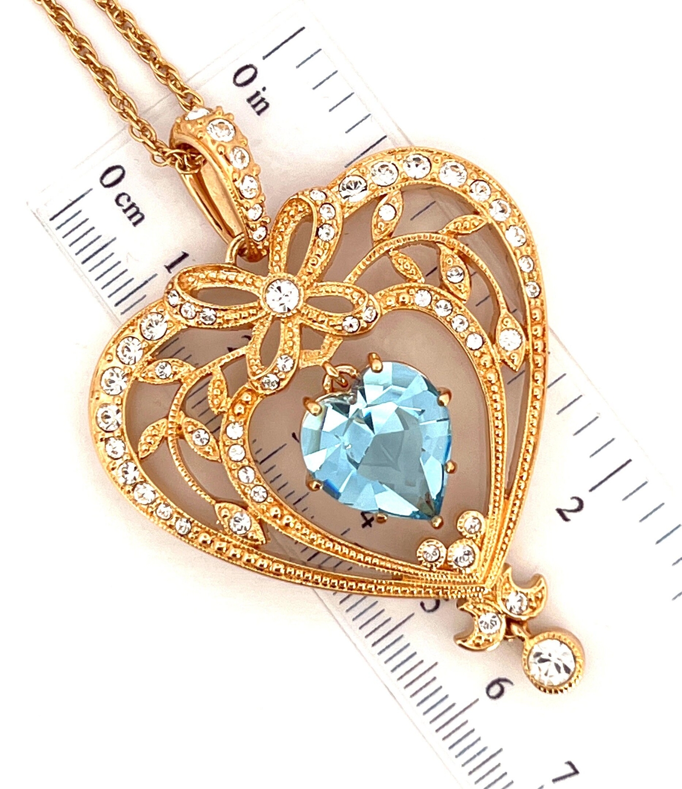 March Birthstone Gold Plated Necklace Set With Heart Shaped Aquamarine Crystal