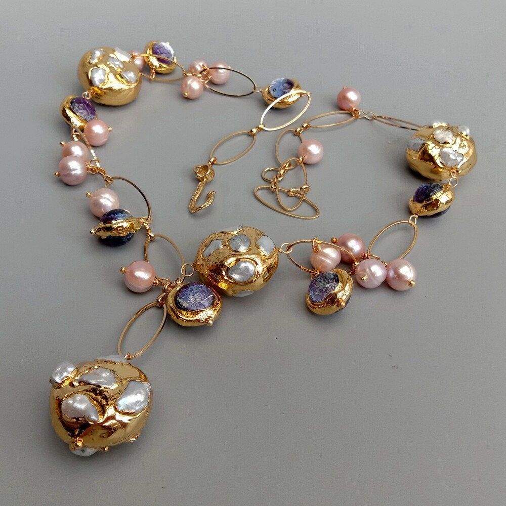 White Keshi Pearl Pink Pearl Purple Murano Glass Chain Pearl Y-Drop Necklace