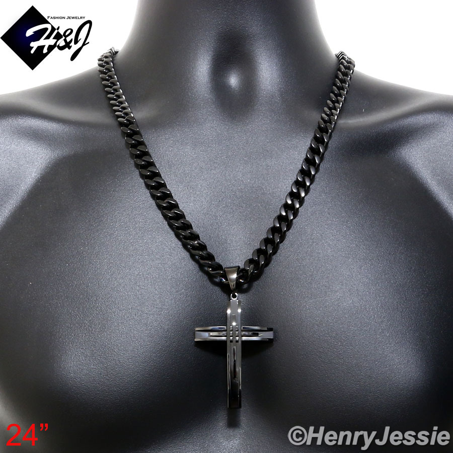 24″MEN Stainless Steel 9mm Black Plated Cuban Curb Necklace Cross Pendant*A11