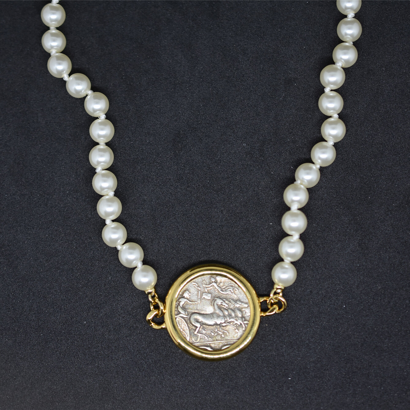 Retro Coins Ancient Roman Hunting Carriage/Ocean Goddess 2sided Pearl Necklace