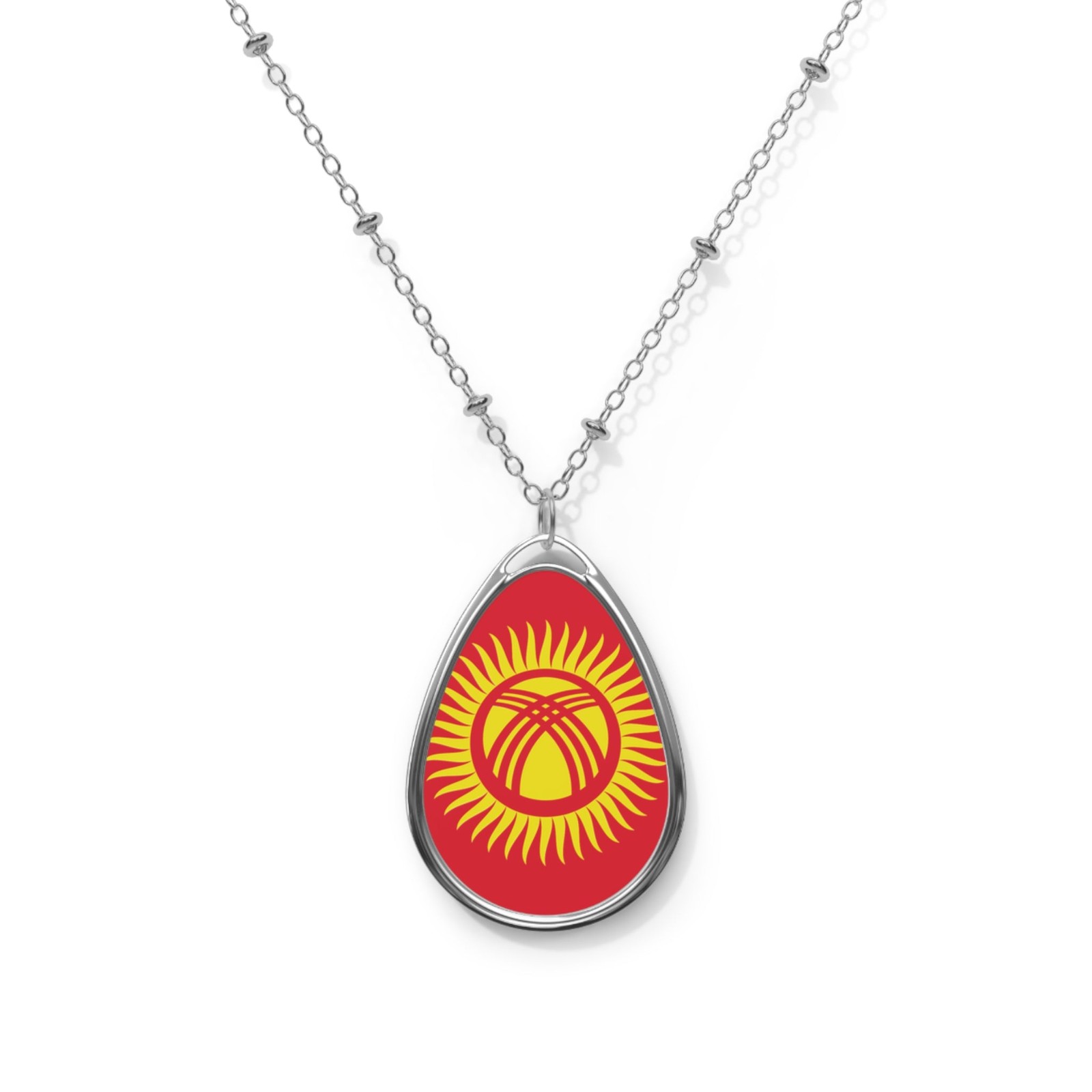 Kyrgyzstan Flag Necklace – Oval Kyrgyz Heritage Pendant – One Size / Silver