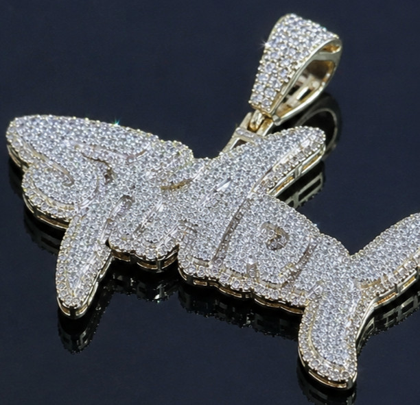 8Ct Moissanite Custom Name Shark Men’s Hip Hop Pendant 14K Yellow Gold Plated