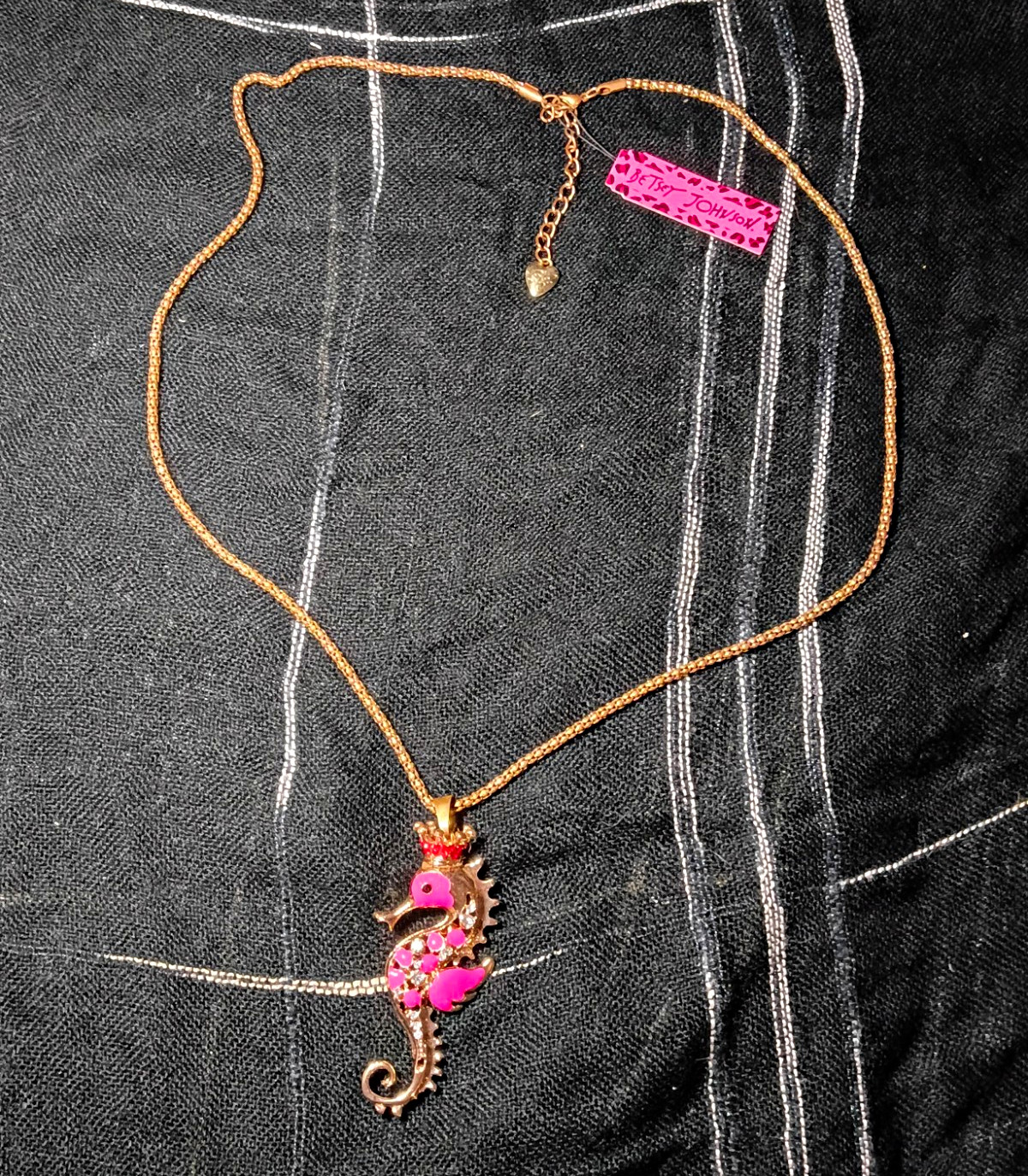 Betsey Johnson Gold Tone Pink Crystal Seahorse Charm Snake Chain Necklace Adj