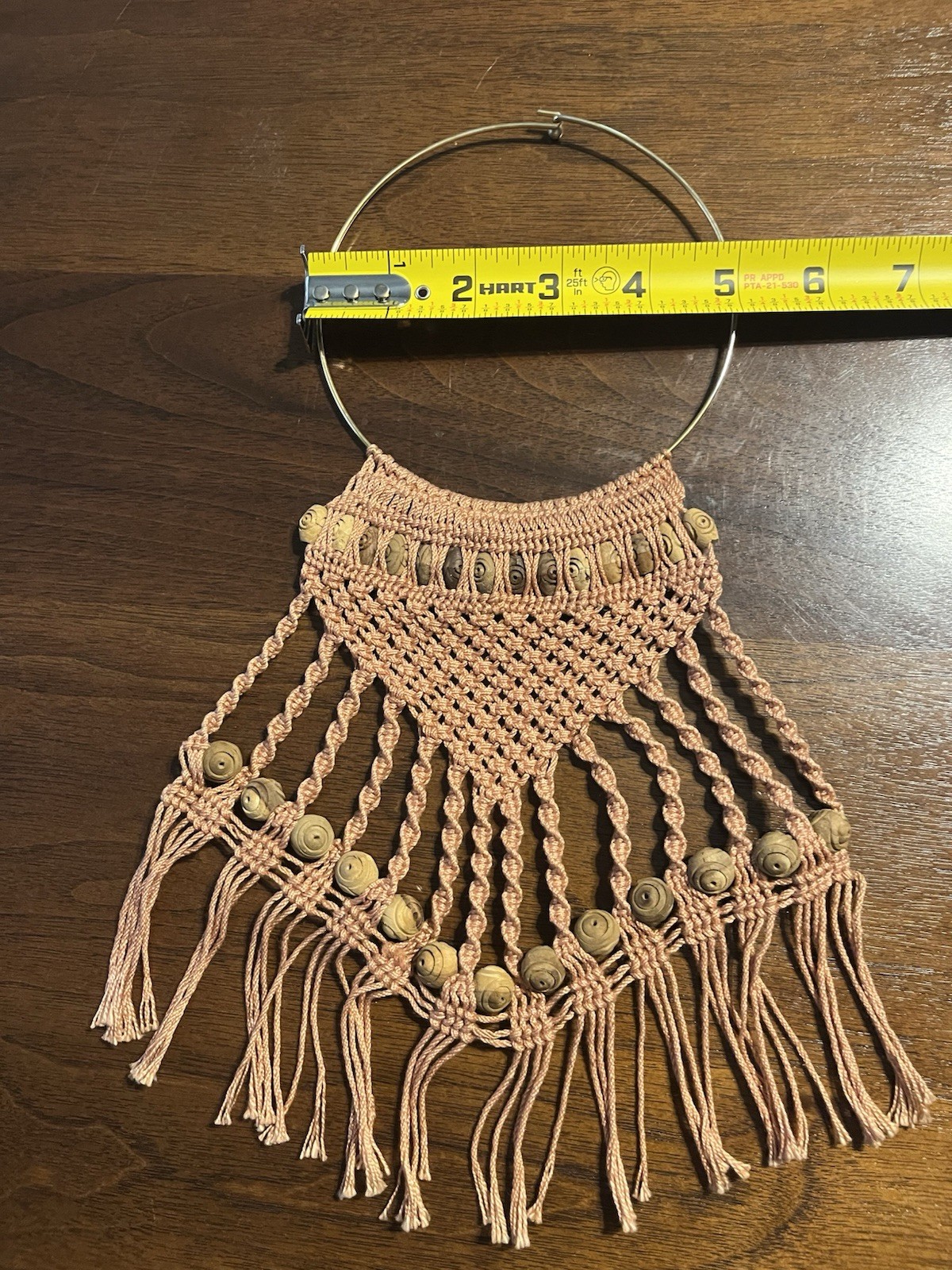 VTG Boho Macrame Bib Statement Necklace Wood Bead Fringe Collar Gold Hoop 5”