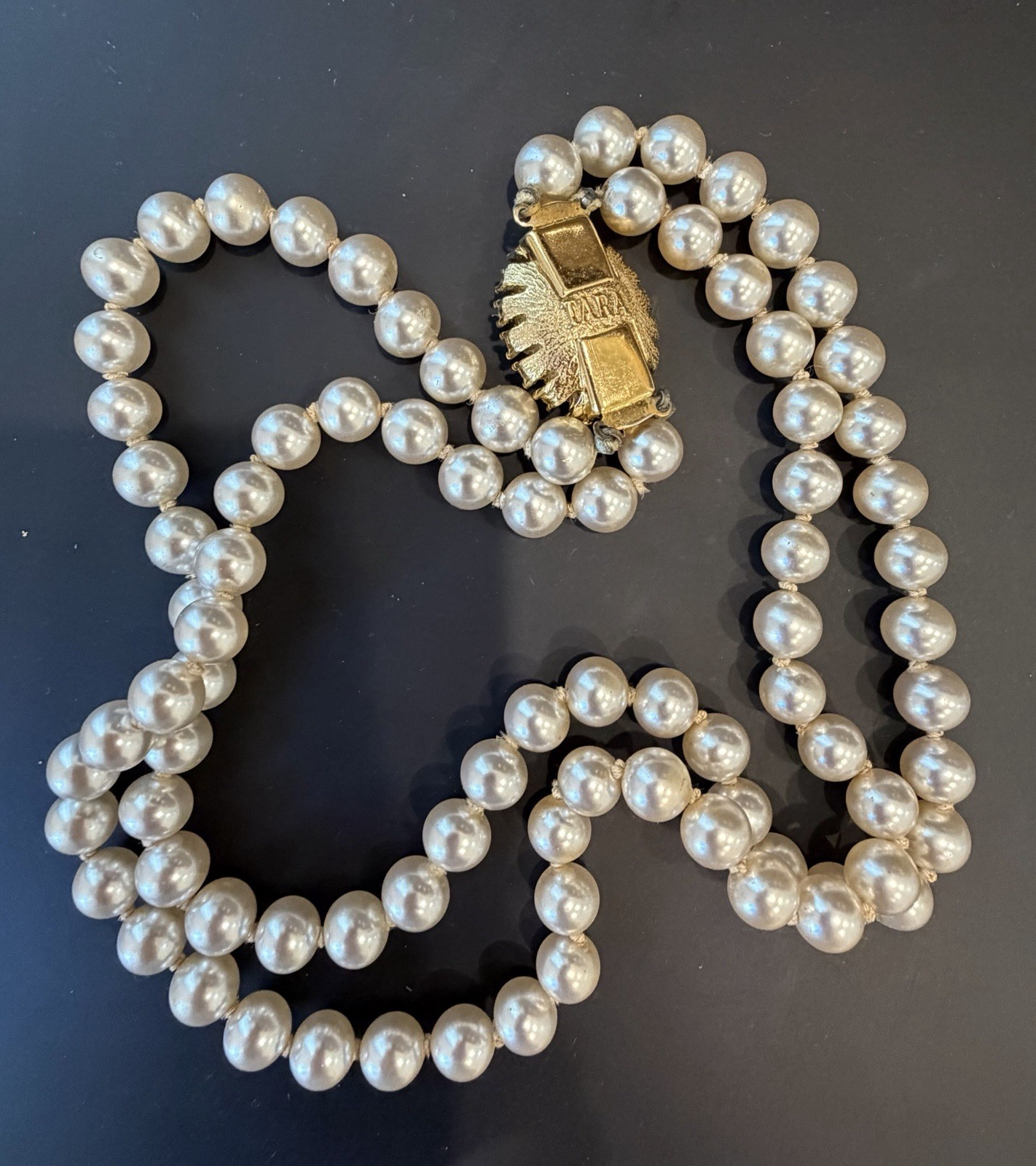 Vintage TARA Double Strand Pearl Chocker with Blue & Clear Crystal Clasps