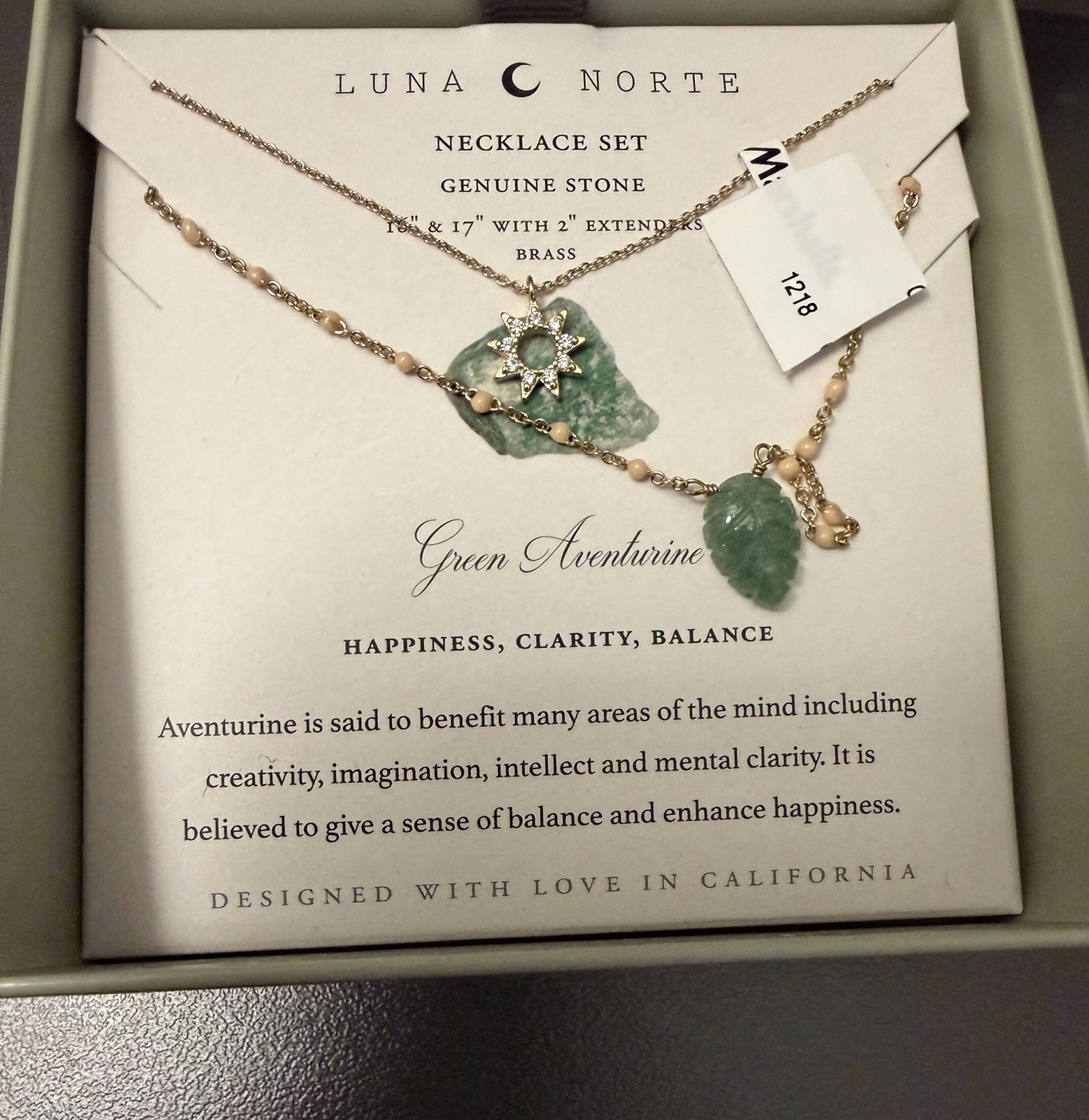 Luna Norte Green Aventurine Brass Pendant Necklace 16-17in +2in Ext Adjustable