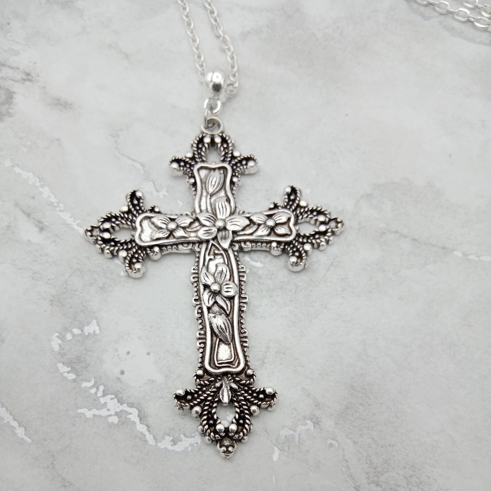 Huge Very Long ornate CROSS Necklace 90cm/36″ chain Large Big Religious Rock