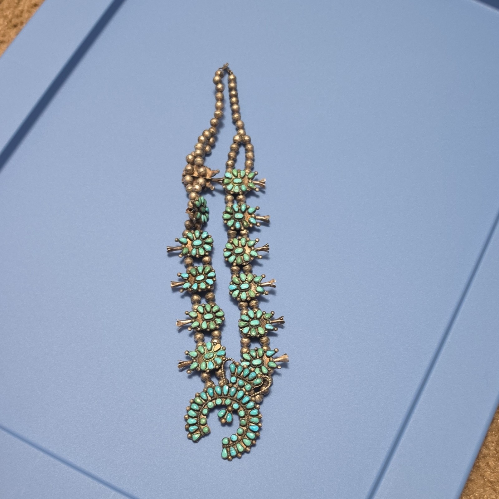 Gold Tone Turquoise Beaded Statement Necklace Crescent Pendant Western Ethnic