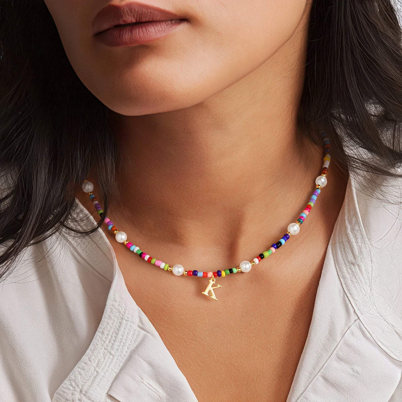 Turandoss Pearl Beaded Choker Initial Necklace for Women Girl Birthday, 15+2.5In