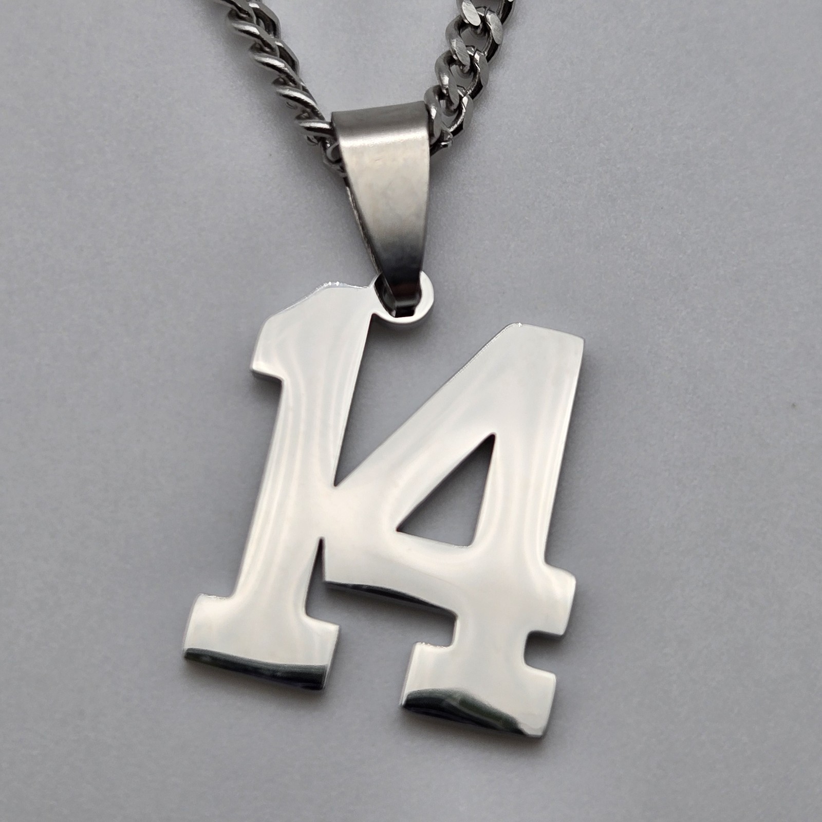 #14 BASEBALL FOOTBALL NUMBER Pendant Charm / 18″-24″ STAINLESS CHAIN NECKLACE