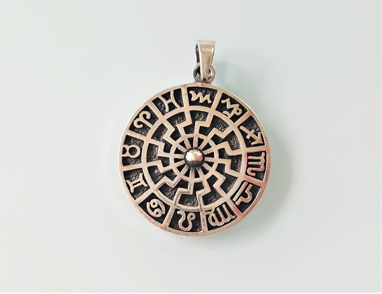Sun Wheel Pendant 925 Sterling Silver Black Sun Occult Talisman Horoscope Zodiac