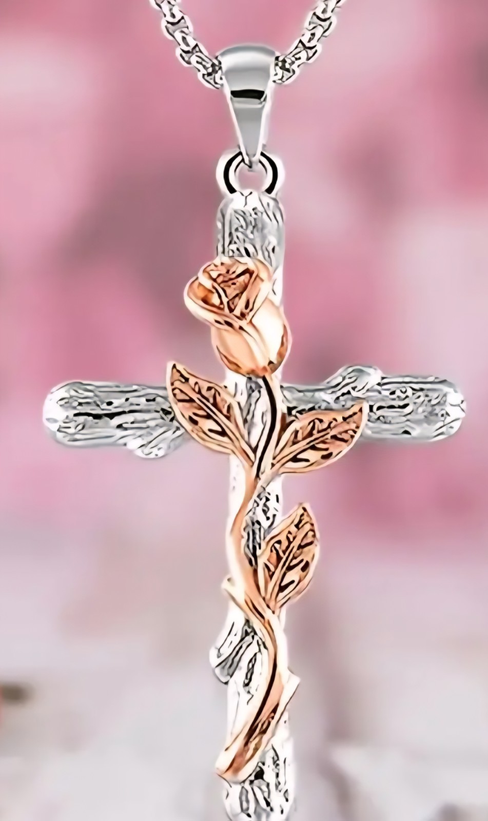 Fashion Rose Golden Floral Flower Cross Pendant Necklace Gift Women Silver Color