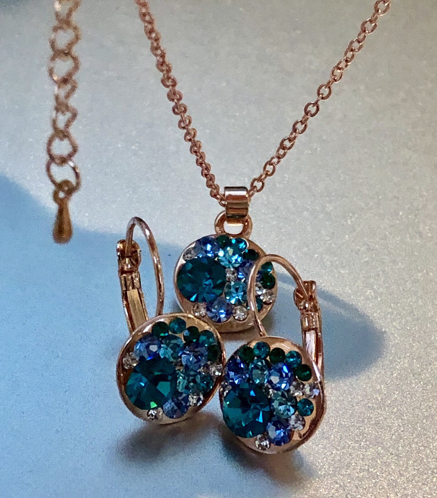 15mm Round Bella Blue Necklace Earrings Swarovski Crystal Rose Gold Plated Over