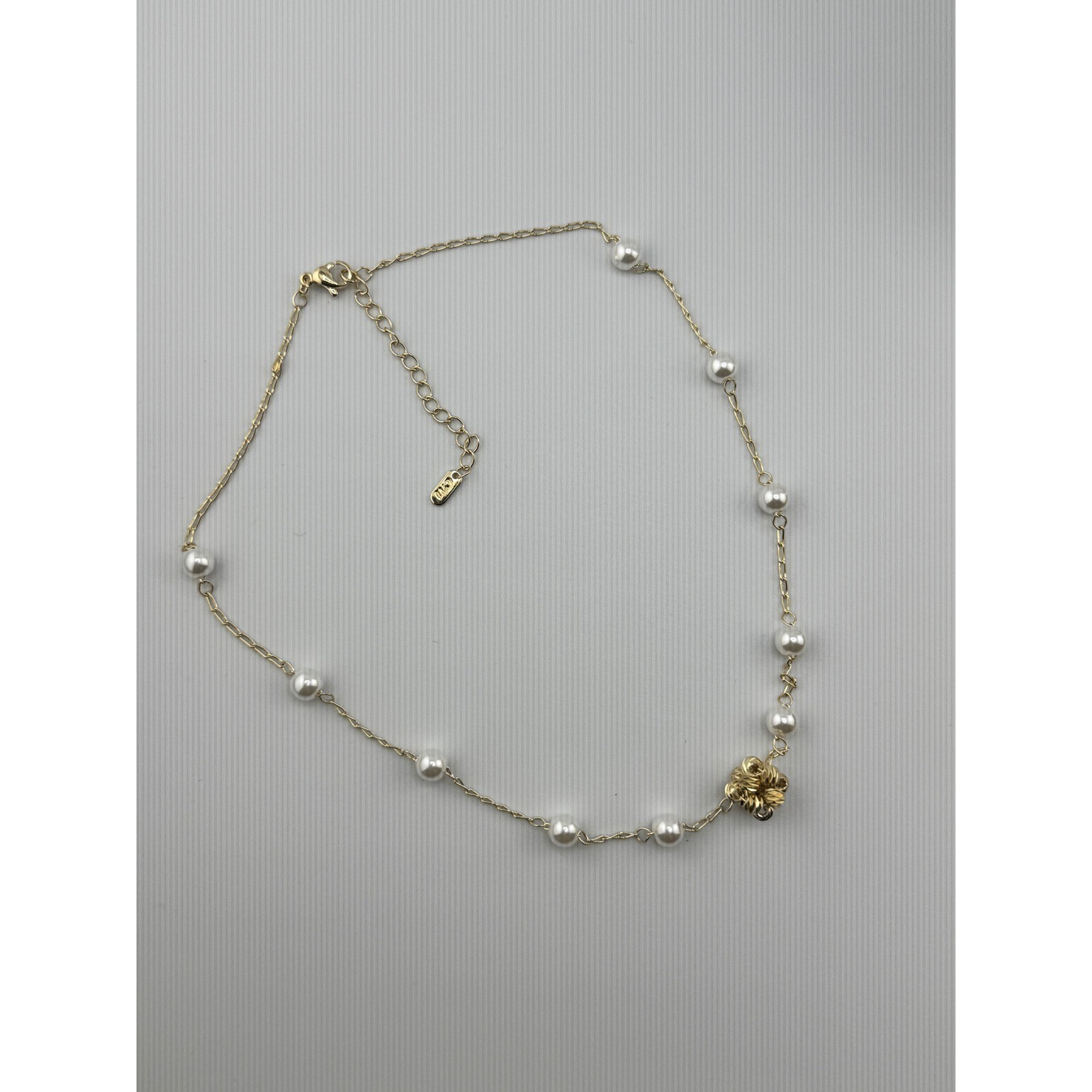 Gold Tone Pearl Station Necklace Textured Knot Floral Pendant Adjustable Chain