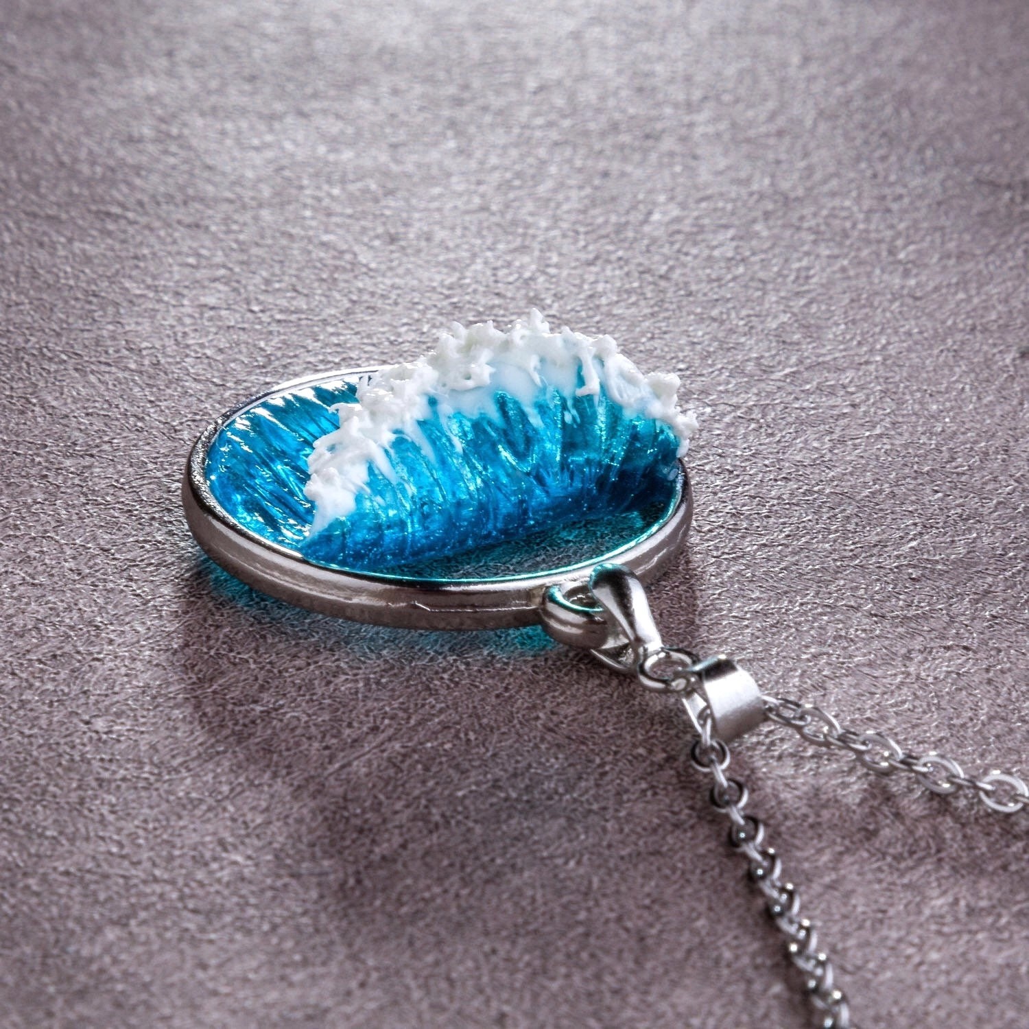 **Handmade Silver Ocean Wave Necklace Resin Sea Jewelry Gift for Her**