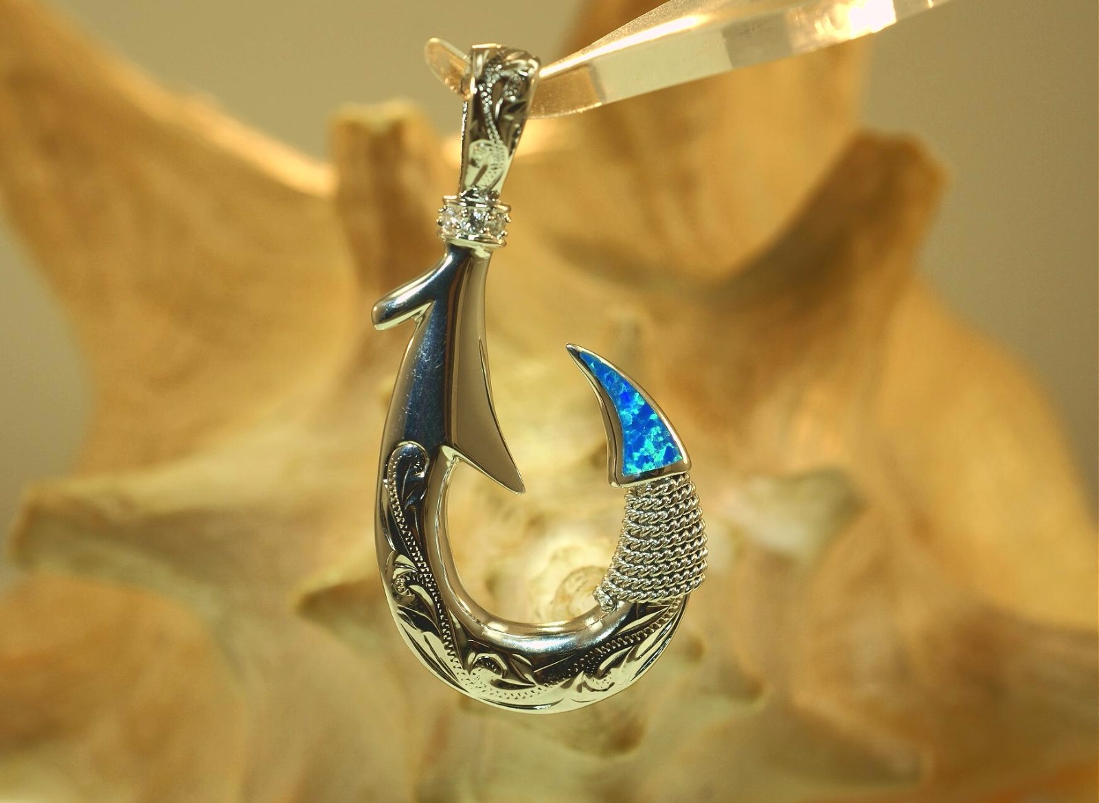 28MM HAWAIIAN 925 SILVER HEAVY 2-SIDED SCROLLS FISH HOOK INLAID OPAL CZ PENDANT