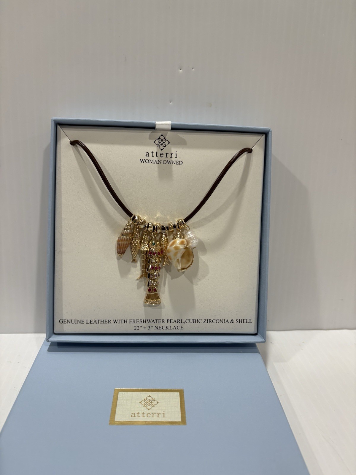 ATTERRI CHARM NECKLACE GENUINE LEATHER W FRESH WATER PEARL CUBIC ZIRCONIA &SHELL