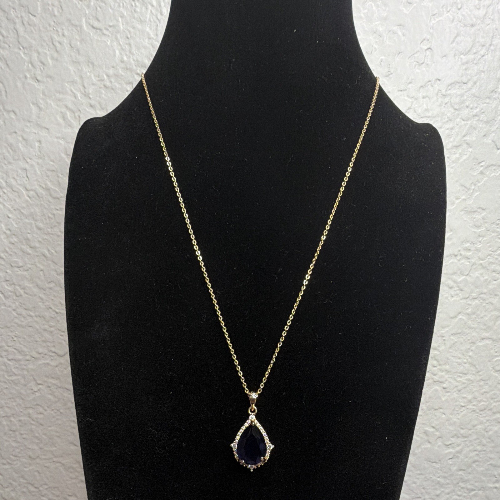 14k Gold Plated Chain Necklace Spring Ring Teardrop Blue Stone Prong Pendant