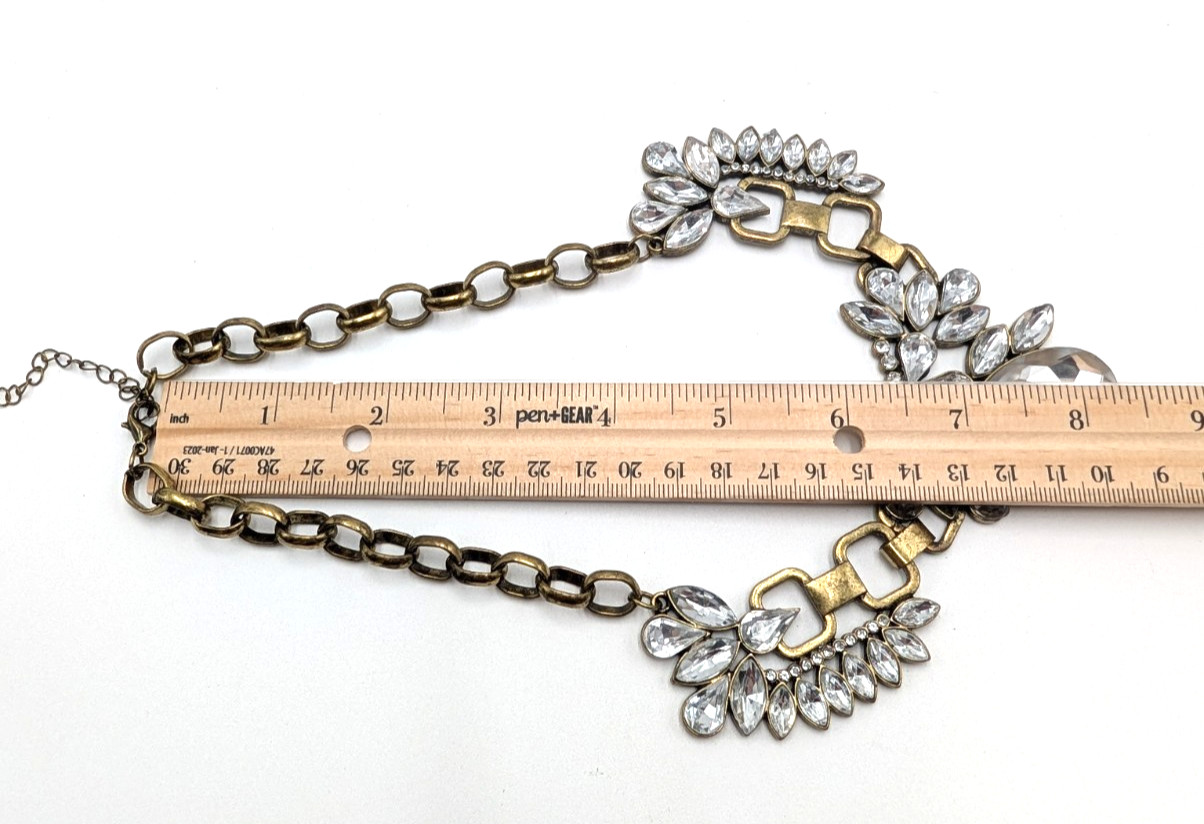 Antique Bronze Tone With Big Colorless Rhinestone Statement Necklace