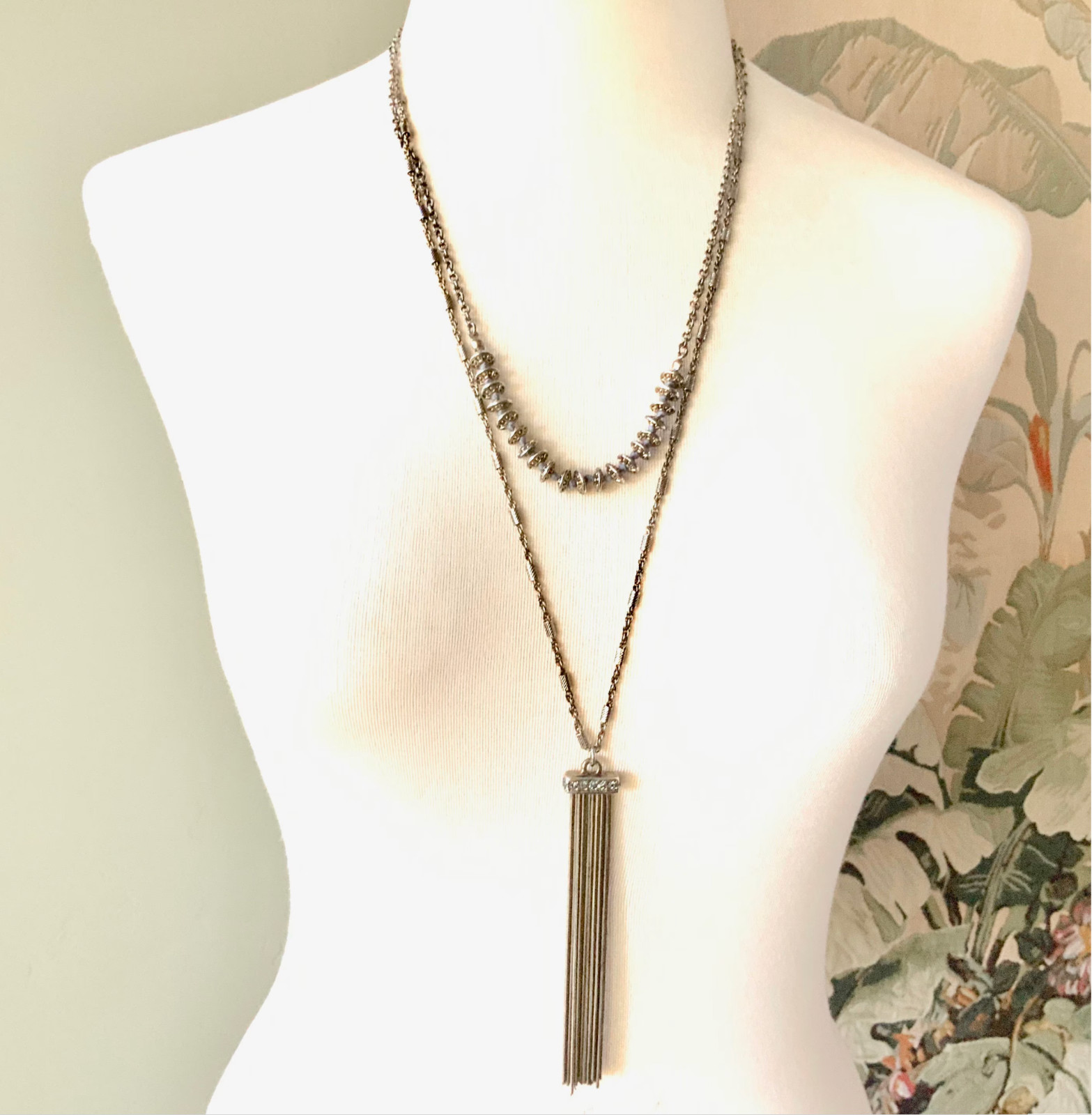Vintage tassel necklace ST. THOMAS rhinestone antiqued gold multi strand layered