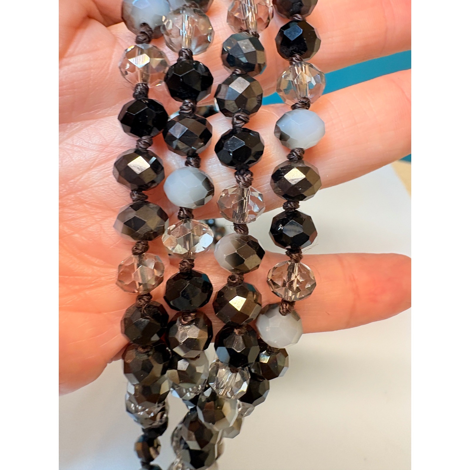 Black Grey Clear Faceted Glass Bead Hand Knotted Opera Length Necklace 60 Inch