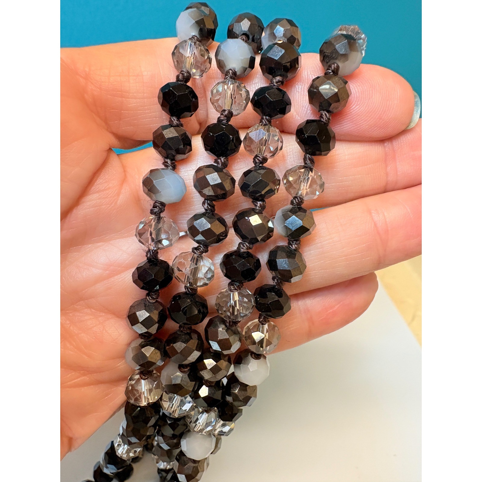 Black Grey Clear Faceted Glass Bead Hand Knotted Opera Length Necklace 60 Inch