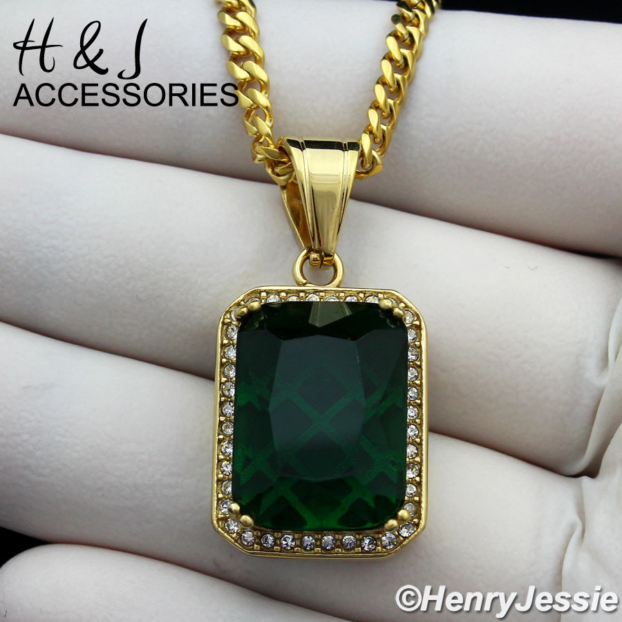 18-36″MEN Stainless Steel 3mm Gold Plated Curb Chain Green Rhinestone Pendant*98