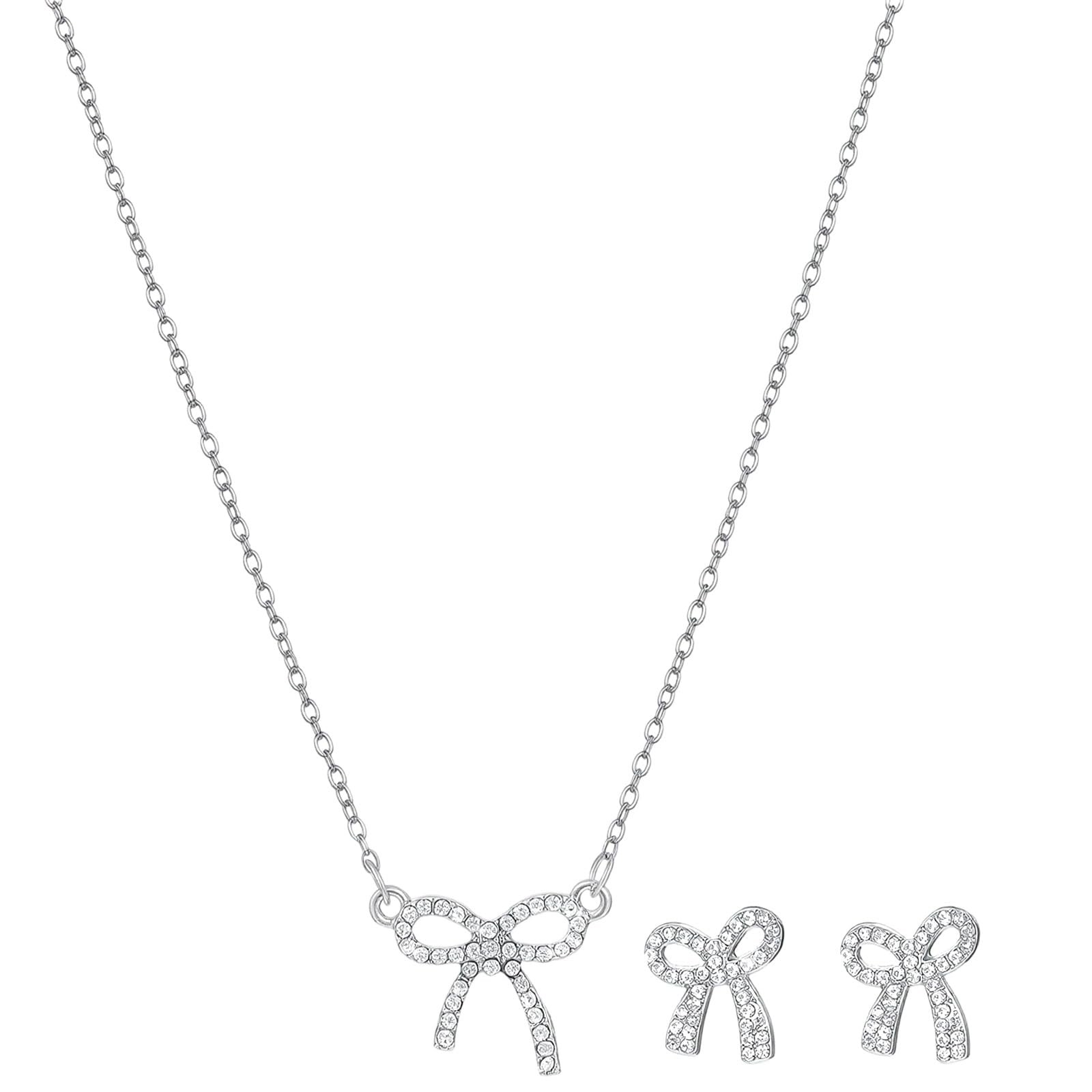 Silver Bow Necklaces Earrings for , Sparkly Rhinestone Bow Necklace Choker Ea…